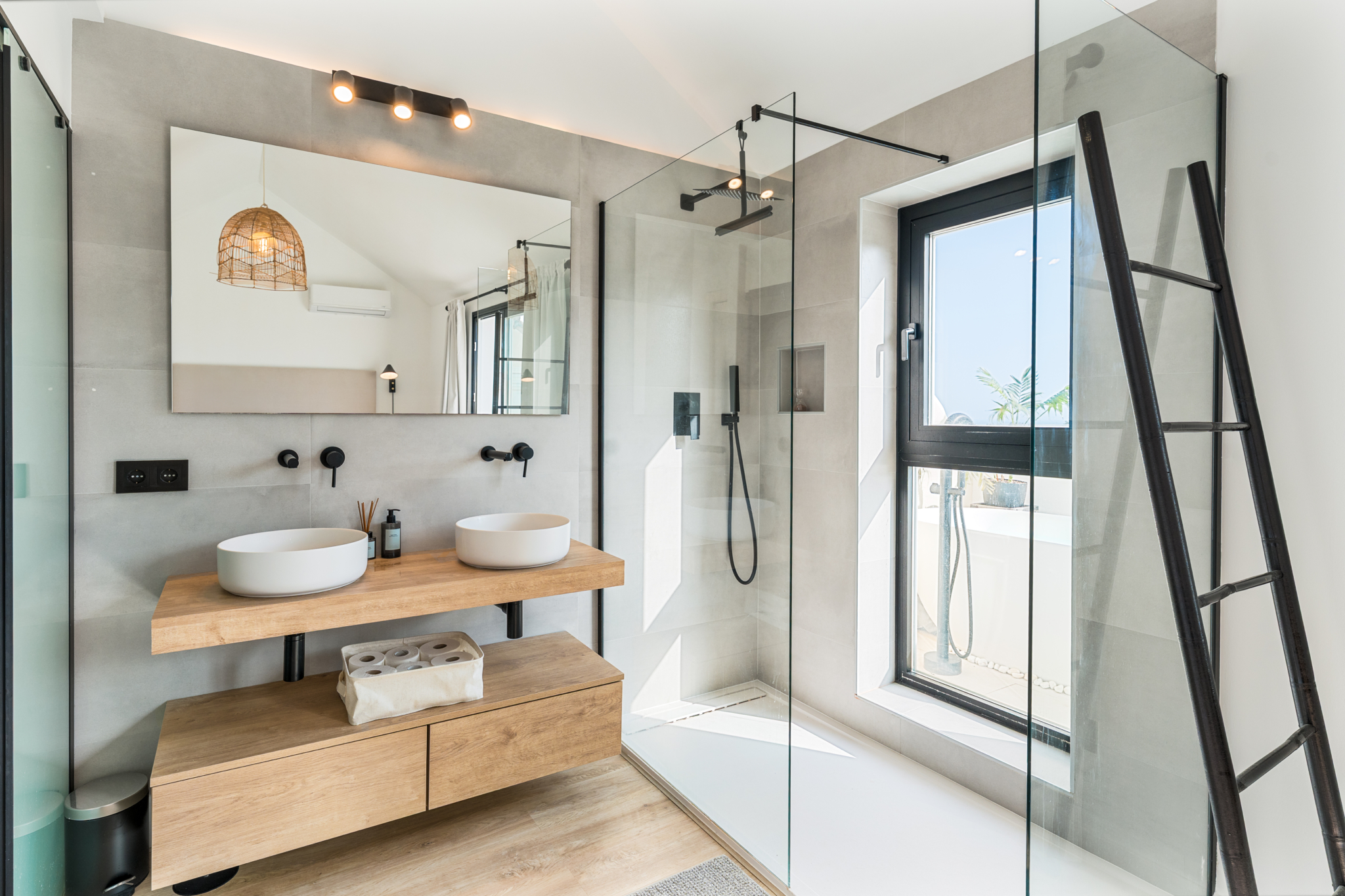 Contemporary bathroom with walk-in shower and double vanity at Los Pinos de Aloha, Marbella