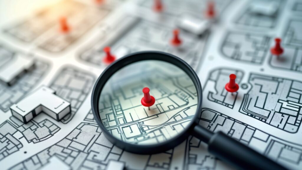 Magnifying glass highlighting property locations on a real estate map, representing the Nueva Andalucía housing market in Marbella.