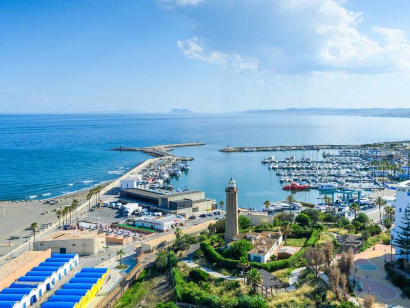 Aerial view of Estepona marina and beachfront apartments on the Costa del Sol, Spain, showcasing prime real estate locations and average property prices in Estepona.